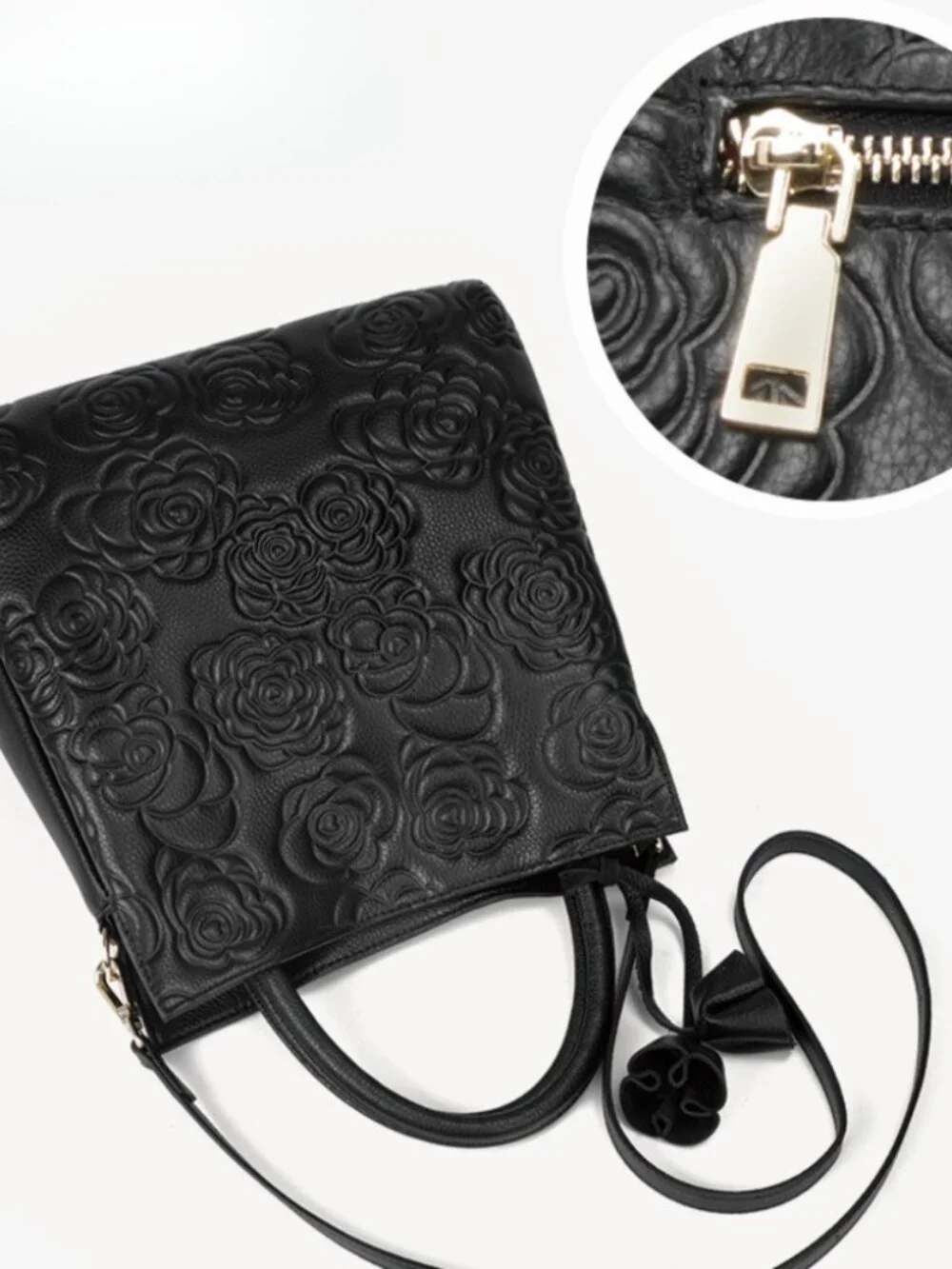 Black Floral Embossed Leather Top Handle Tote Bag